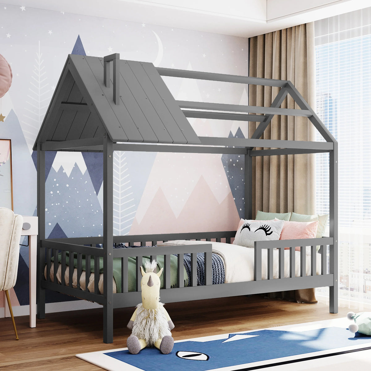 Euroco Twin Size Platform Bed, House Bed with Fence for Kids, Gray