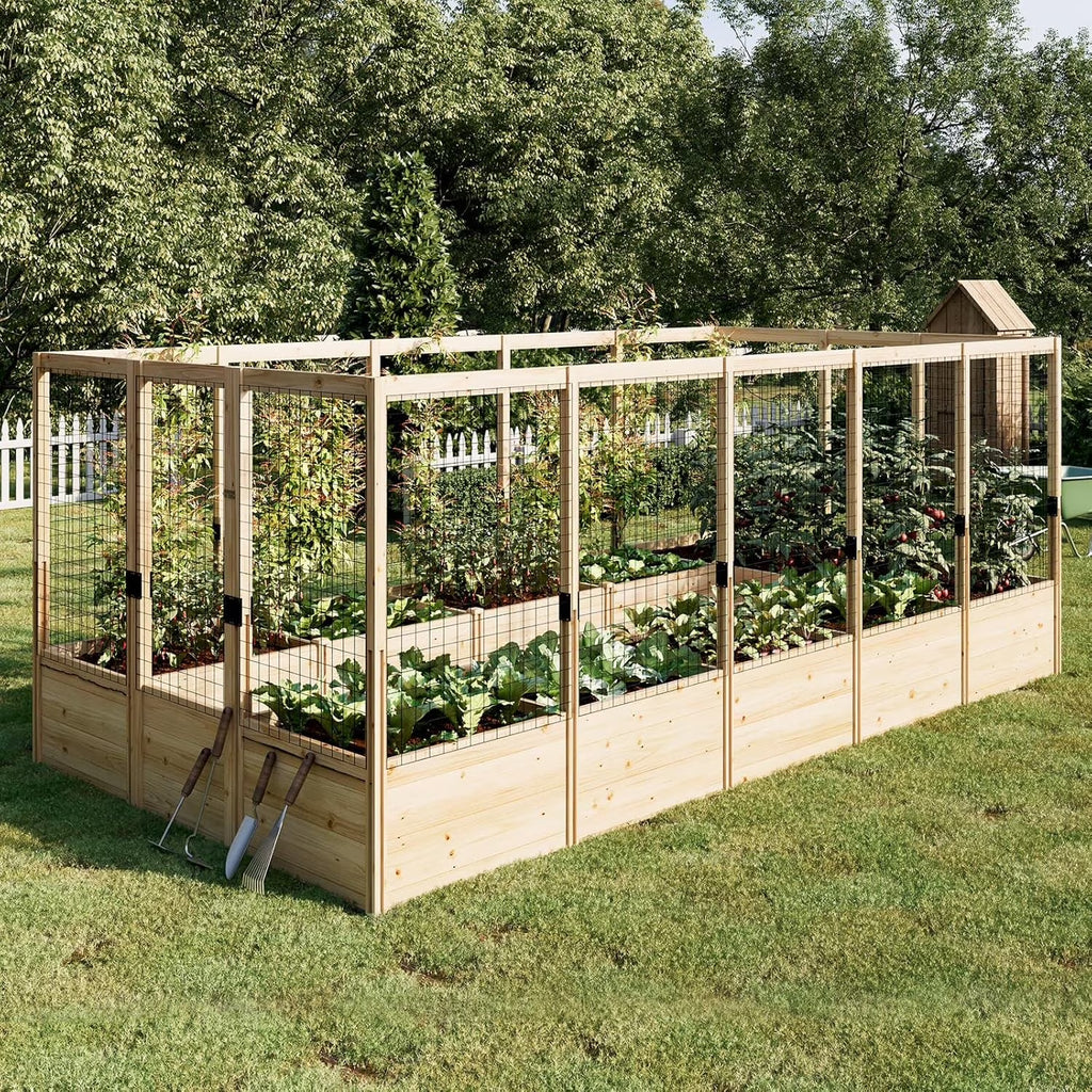 Jocisland Wooden Raised Garden Bed for Outdoor, Deep Large Planter Box with Netting for Gardening, Vegetables, Herbs"8"9"6 ft"
