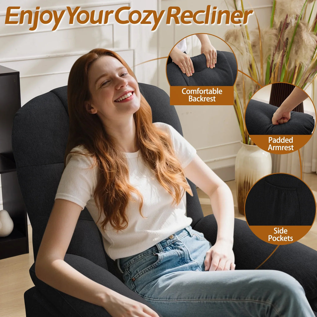 Korser Manual Swivel Rocker Recliner Chair for Living Room,Small Recliner Sofa for Small Spaces,Linen Fabric,Dark Black