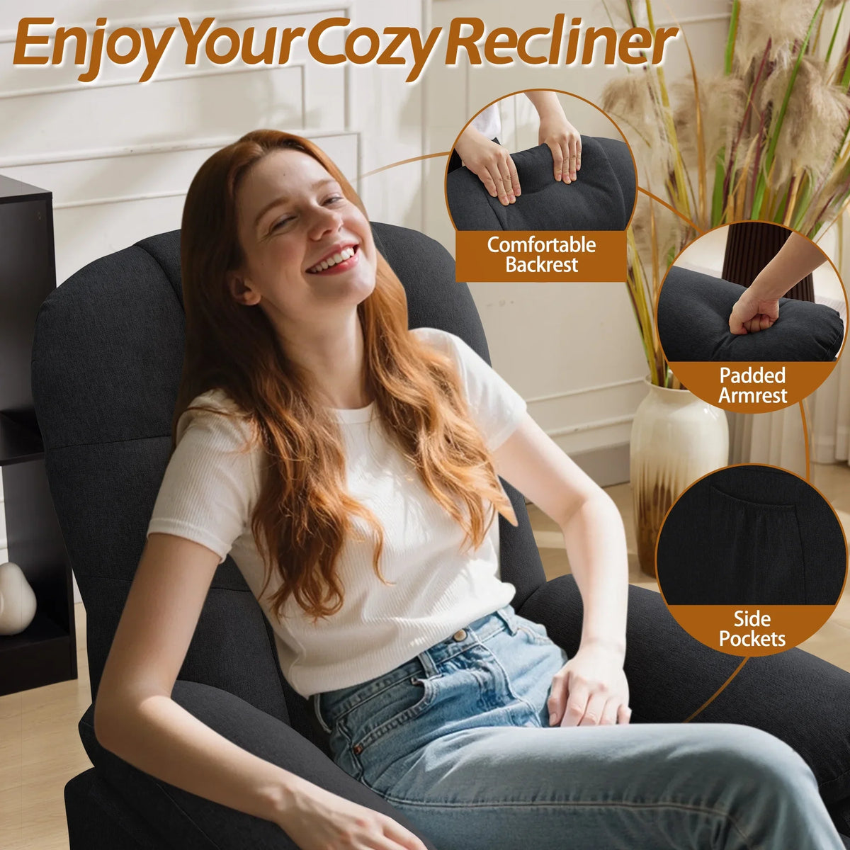 Korser Manual Swivel Rocker Recliner Chair for Living Room,Small Recliner Sofa for Small Spaces,Linen Fabric,Dark Black