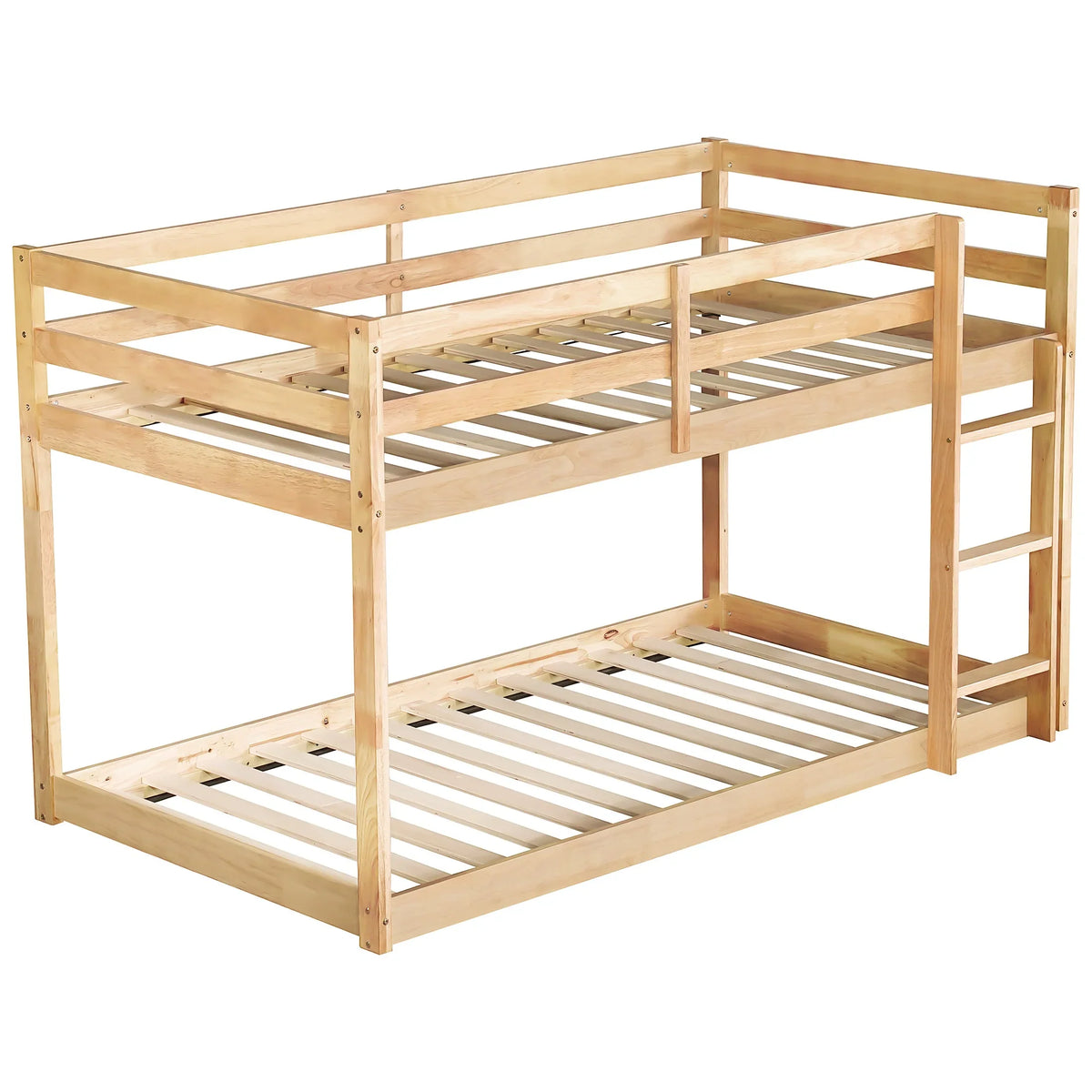 Twin Over Twin Floor Bunk Bed, UHOMEPRO Solid Wood Low Bunk Bed with Safety Rail, Ladder, Heavy Duty Bunk Beds, Space-Saving Bedroom Dorm Furniture, Gray