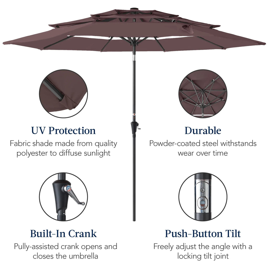 Best Choice Products 10ft 3-Tier Patio Umbrella, Market Sun Shade w/ Tilt Adjustment, Easy Crank - Red