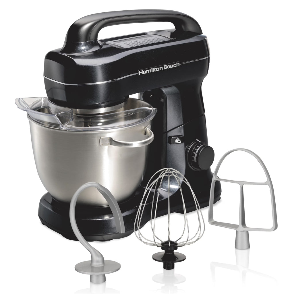 Hamilton Beach 4 Quart Stand Mixer for Kitchen, 7 Speeds, Tilt-Head, Dough Hook, Whisk & Flat Beater, Black