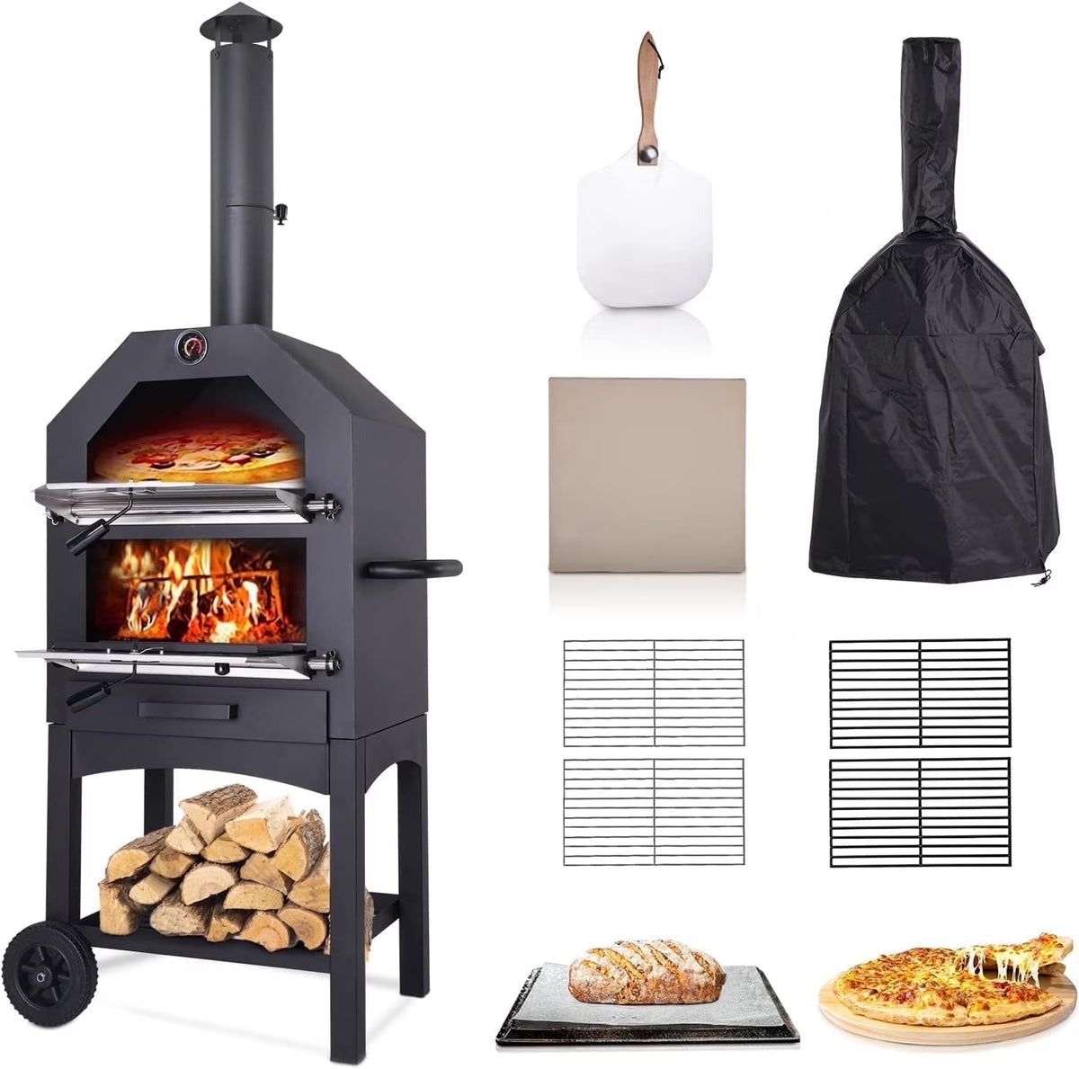 Techmilly Wood Fired Outdoor Pizza Oven, Black