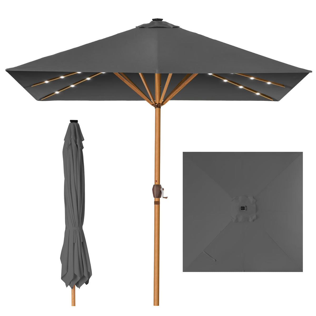 Best Choice Products 9ft Deep Square Solar LED Lighted Patio Umbrella w/ Woodgrain Pattern, UV-Resistant - Black