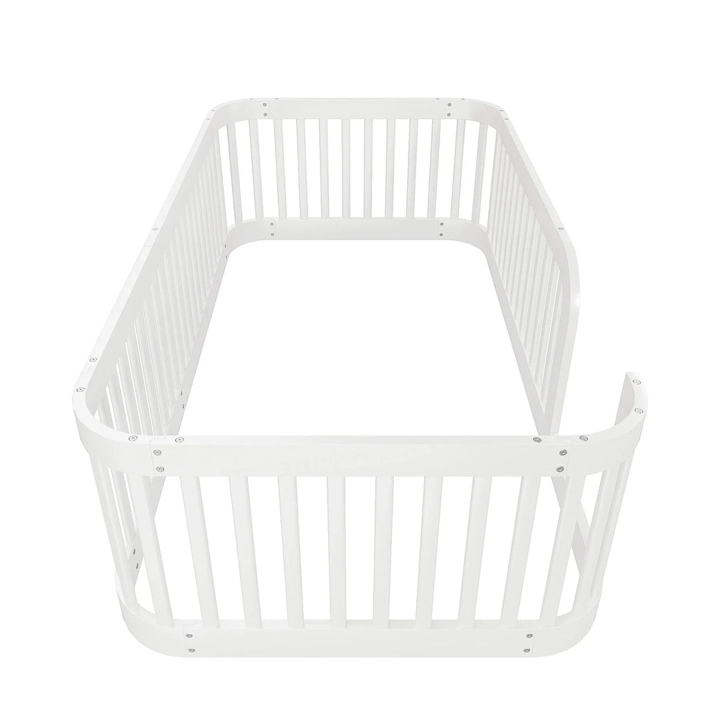 Euroco Twin Size Floor Bed with Fence for Kids Teens and Toddlers, White