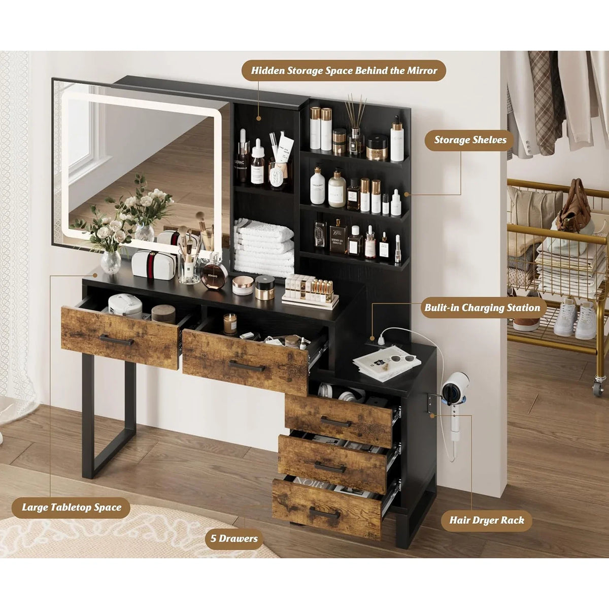 Vanity Desk with Adjustable LED Lighted Sliding Mirror,Makeup Vanity with 5 Drawers&Open Shelves for Bedroom