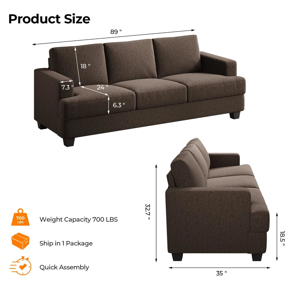 BLAZANT 3 Seater Sofa Oversize, 89" Extra Large Size Sofa Couch with Extra Deep Seats, Modern Loveseat Sofa, Comfortable Fabric, Easy to Install, for Living Room Apartment Lounge, Brown