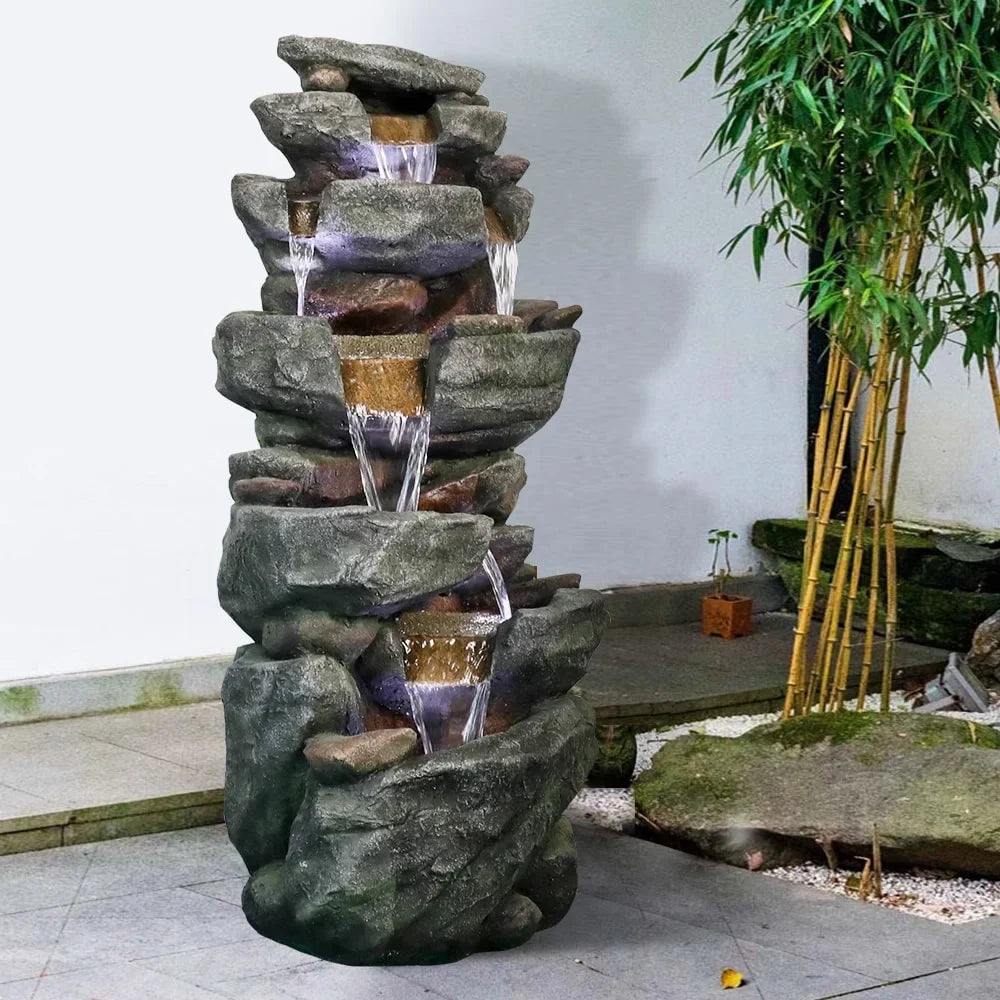 6-tier Outdoor Water Fountain w/LED Light Waterfall Fountain for Patio