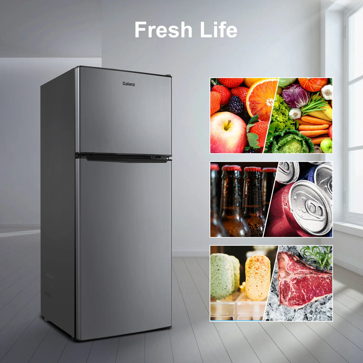Galanz 4.6. Cu ft Two Door Mini Refrigerator with Freezer, Stainless Steel, New, Width 19.13"