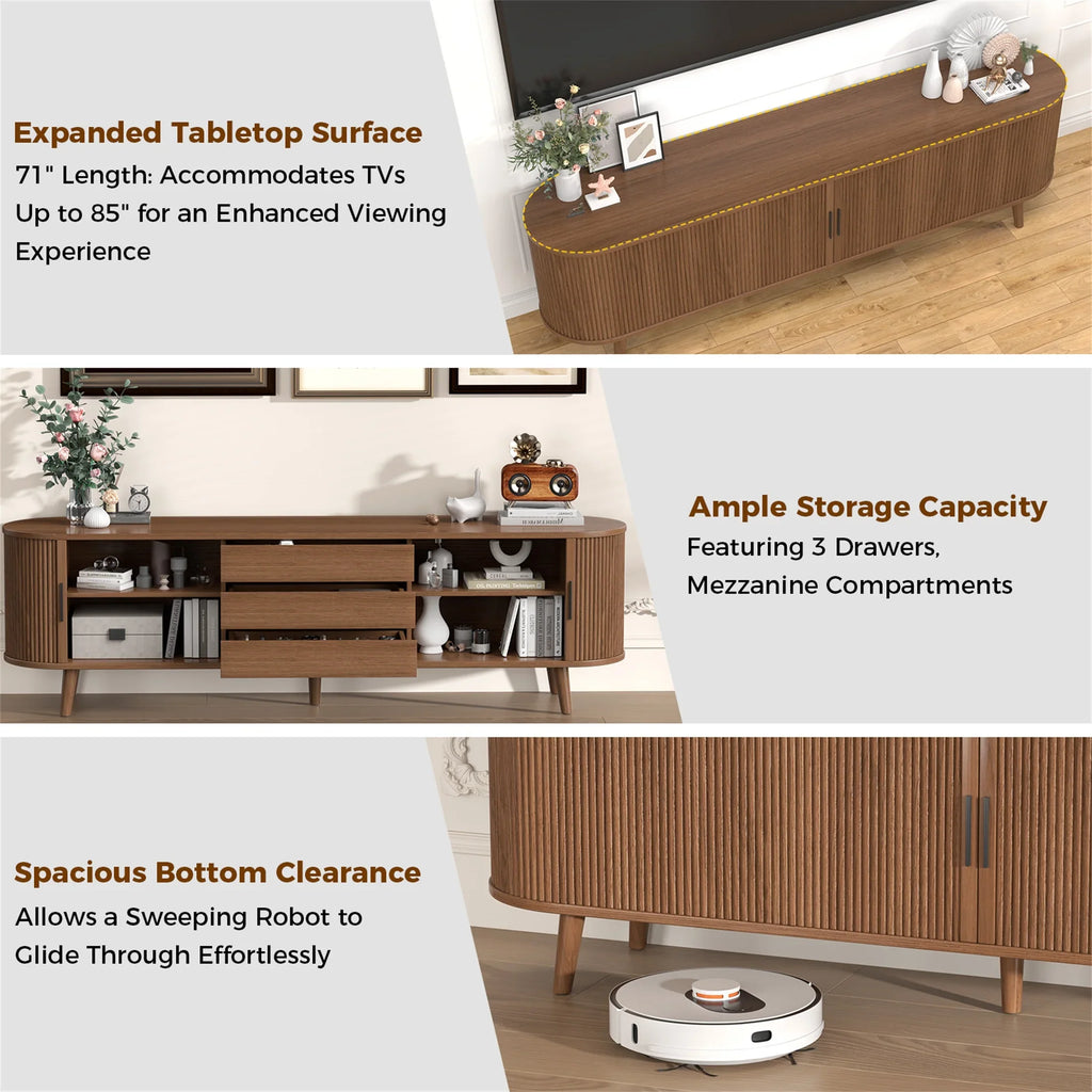 Planntonneo Mid-Century Modern Fluted TV Stand Wooden Media Console Entertainment Center for Living Room, Walnut Color