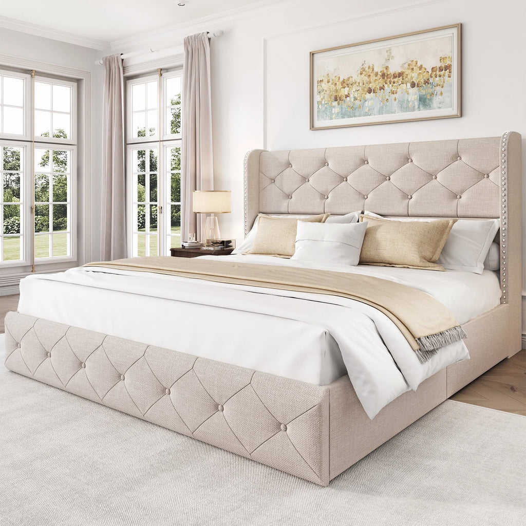 LARMACE Queen Size Platform Bed Frame with 4 Storage Drawers and Tufted Headboard Linen Upholstered Bed Wingback Bed Frame with Wooden Slats Support, Easy Assembly, Light Grey