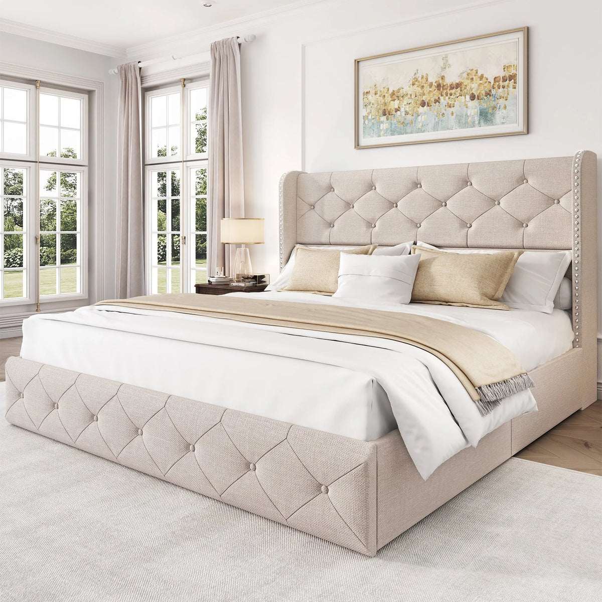 LARMACE Queen Size Platform Bed Frame with 4 Storage Drawers and Tufted Headboard Linen Upholstered Bed Wingback Bed Frame with Wooden Slats Support, Easy Assembly, Light Grey
