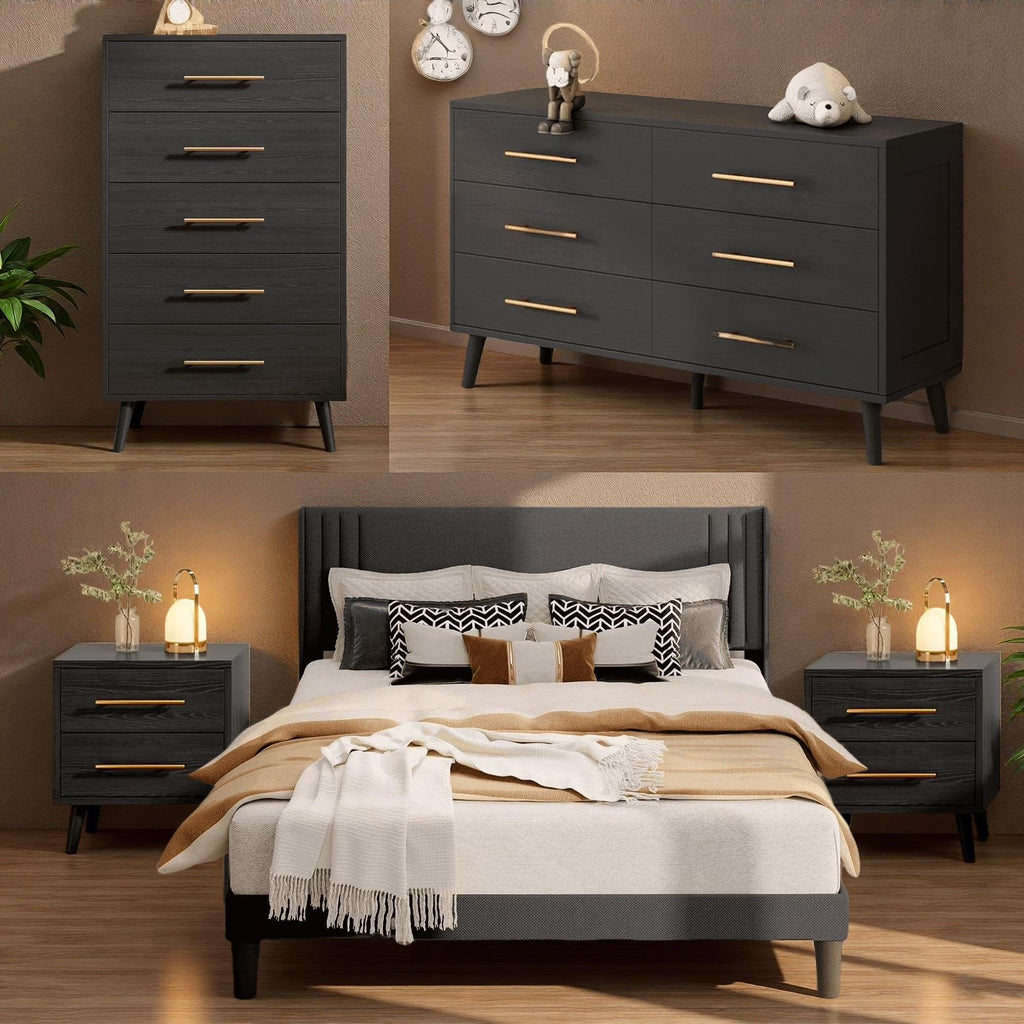 Bedroom Set - Lofka Full Bedroom Furniture Sets include Full Bed Frame, 2 Nightstands, 5-Drawer Dresser and 6-Drawer Dresser, Modern Home Furniture