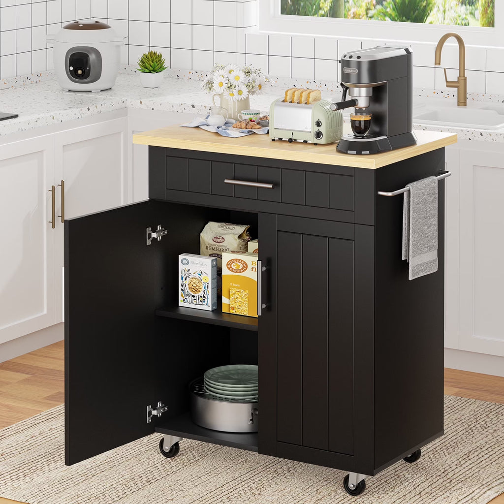 Walsunny Kitchen Island Table Stand with Storage on Wheels,Rolling Kitchen Cart Storage Cabinet with Drawer,White