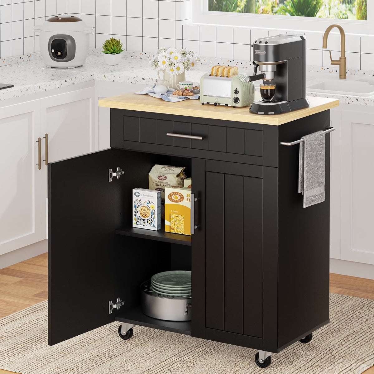 Walsunny Kitchen Island Table Stand with Storage on Wheels,Rolling Kitchen Cart Storage Cabinet with Drawer,White