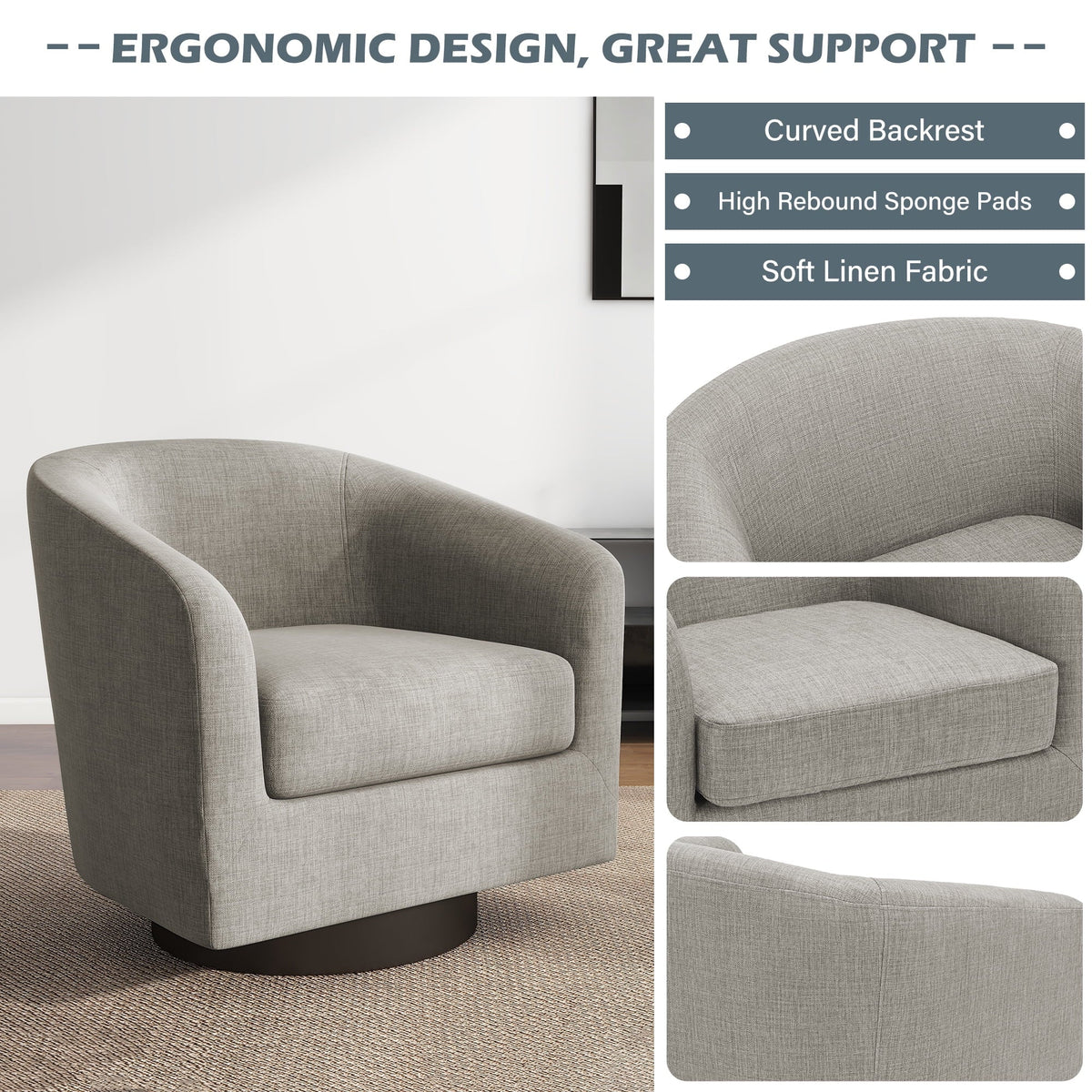 UIXE Swivel Accent Chair, Upholstered Fabric Barrel Chair for Living Room, Small Single Sofa Bedroom Reading Seat, Light Gray