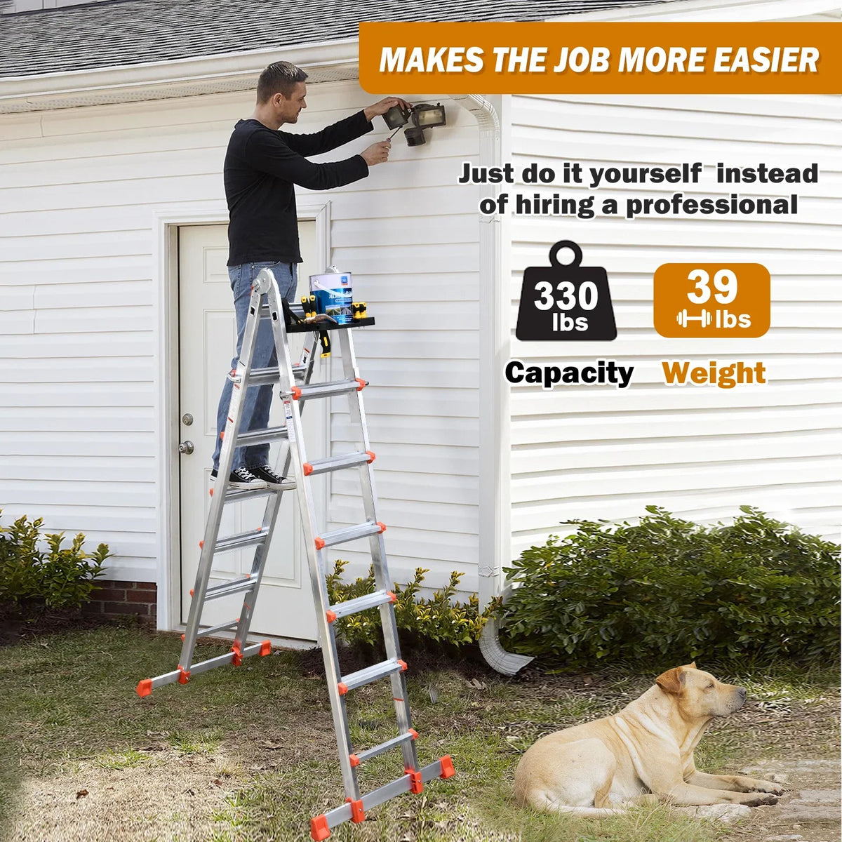 HBTower Ladder, A Frame 4 Step Extension Ladder, 14 Ft Multi Position Ladder with Removable Tool Tray and Stabilizer Bar, 330 lbs Capacity Telescoping Ladder for Household and Outdoor Work