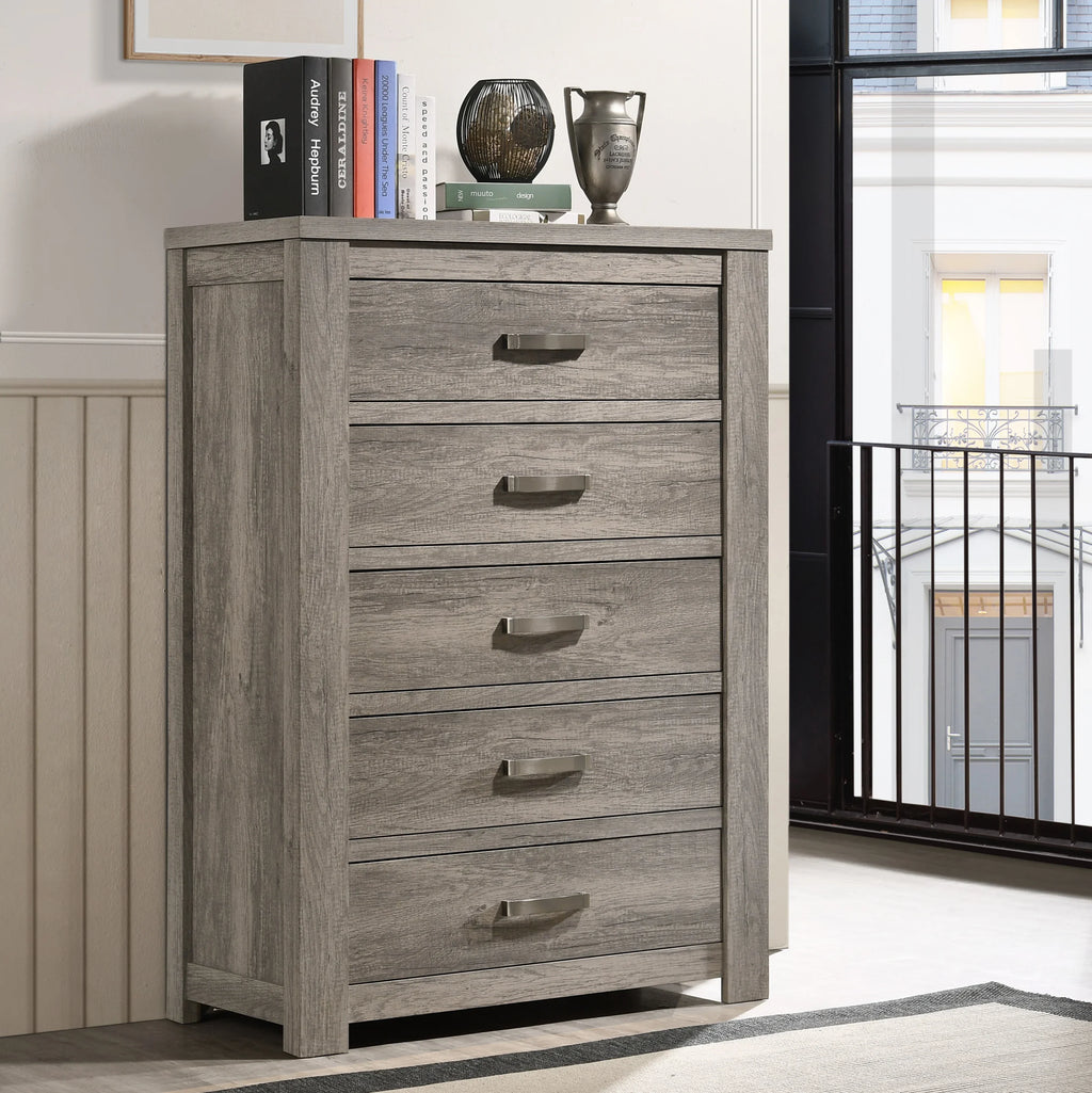 Roundhill Furniture Floren Transitional Bedroom Set, 5 Piece, Weathered Gray Wood