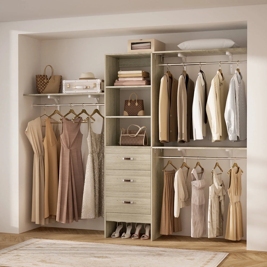 Homieasy 96 Inches Closet System, 8FT Walk In Closet Organizer with 3 Shelving Towers, Heavy Duty Clothes Rack with 3 Drawers, Built-In Garment Rack, 96" L x 16" W x 75" H, White