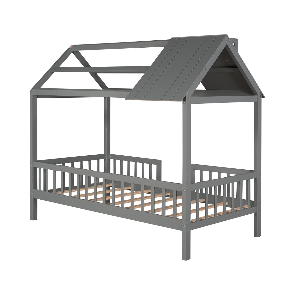 Euroco Twin Size Platform Bed, House Bed with Fence for Kids, Gray