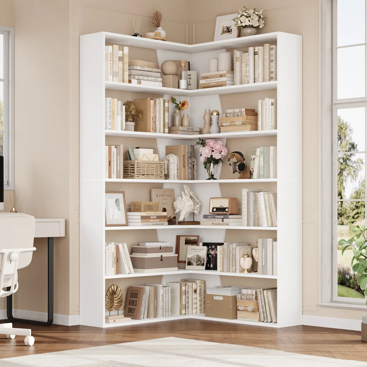 Homfa 6-Tier Corner Bookcase, L-Shaped Bookshelf with Baffle, Storage Display Rack for Office Living Room, Gray