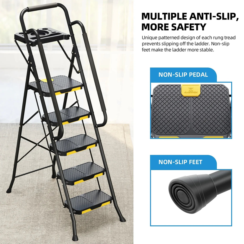 Kingrack 5 Step Folding Ladder for Adults, 800lbs Sturdy Steel Stool Ladder with Anti-Slip Pedal&Handrail&Tool Tray for Home Kitchen Office
