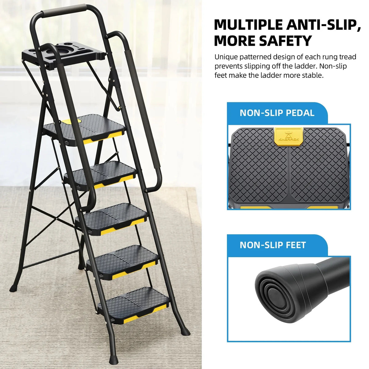 Kingrack 5 Step Folding Ladder for Adults, 800lbs Sturdy Steel Stool Ladder with Anti-Slip Pedal&Handrail&Tool Tray for Home Kitchen Office