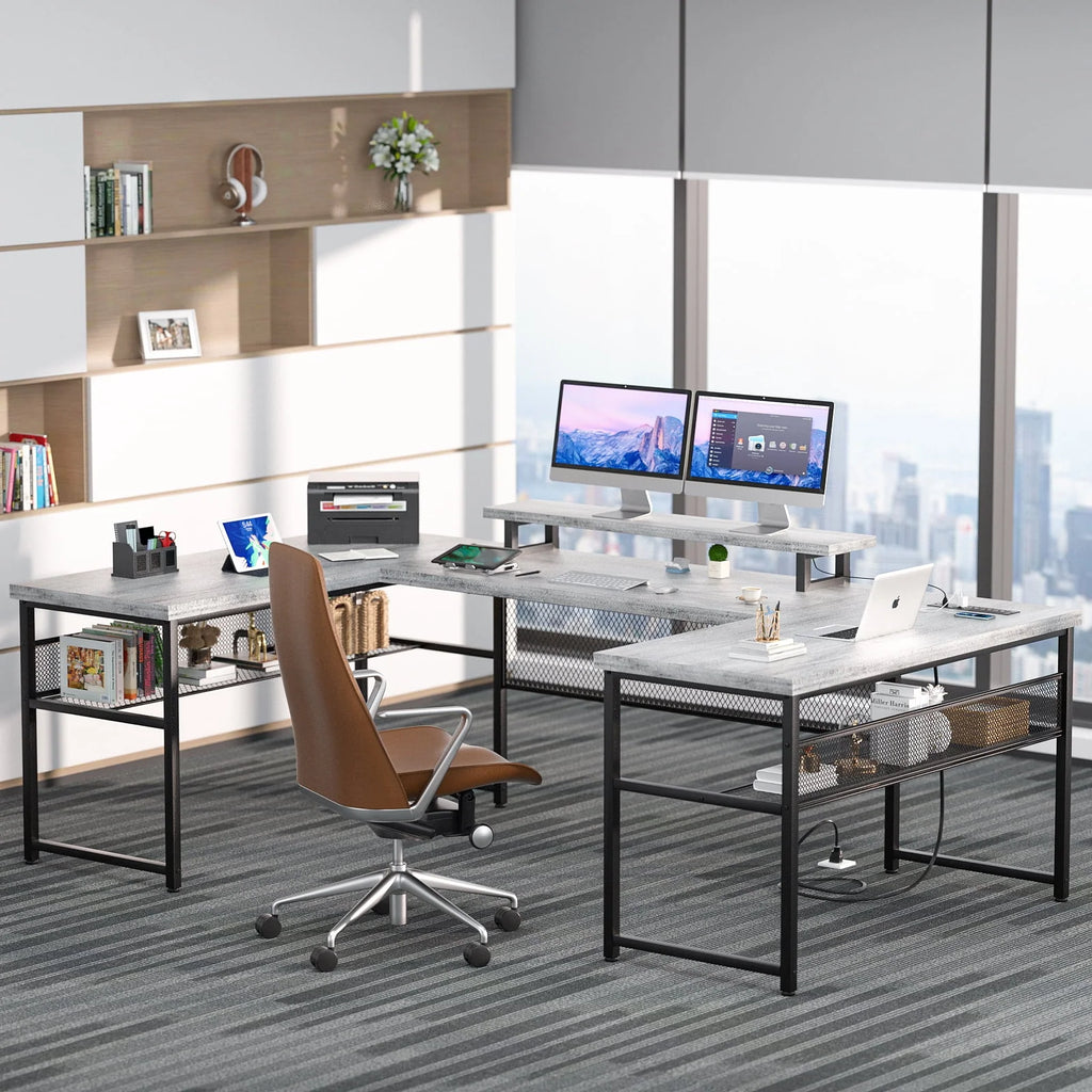 Homieasy U Shaped Desk with Power Outlet and LED Strips, 129.9'' Ergonomic L-Shaped Gaming Desk with Monitor Stand, Reversible Corner Computer Desk with Storage Shelf for Home Office, White Oak