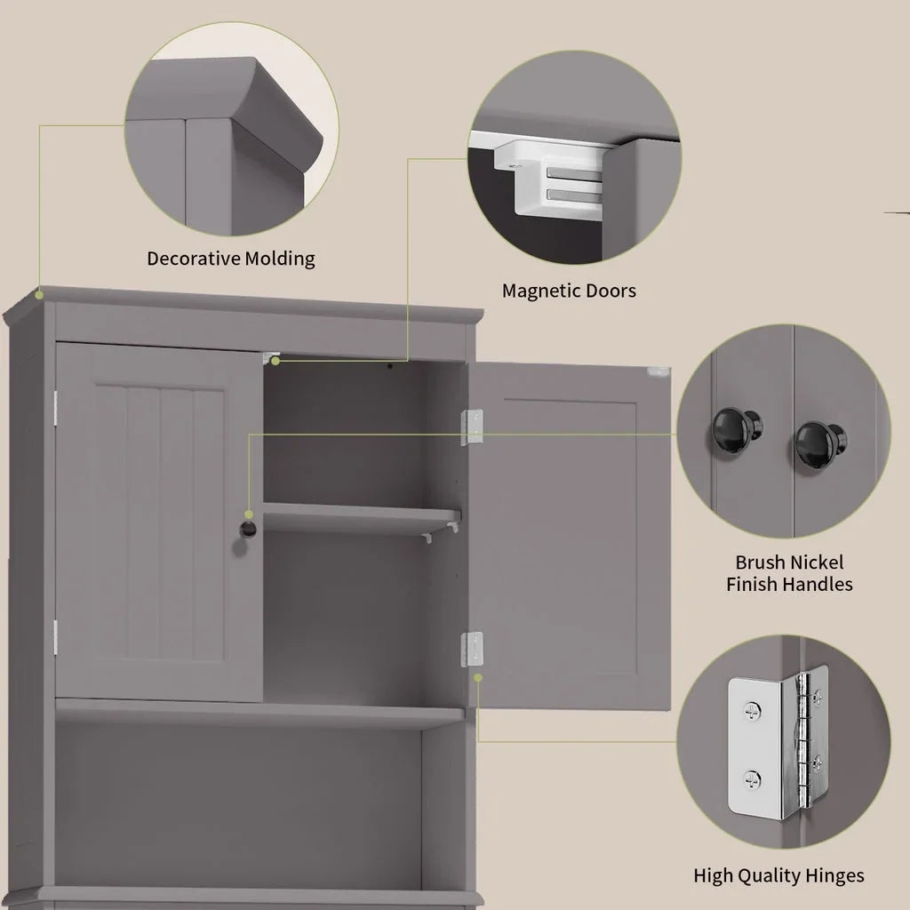 Aiho 66.1" over the Toilet Storage Cabinet with Adjustable Shelf and Open Storage Shelf, Freestanding - White
