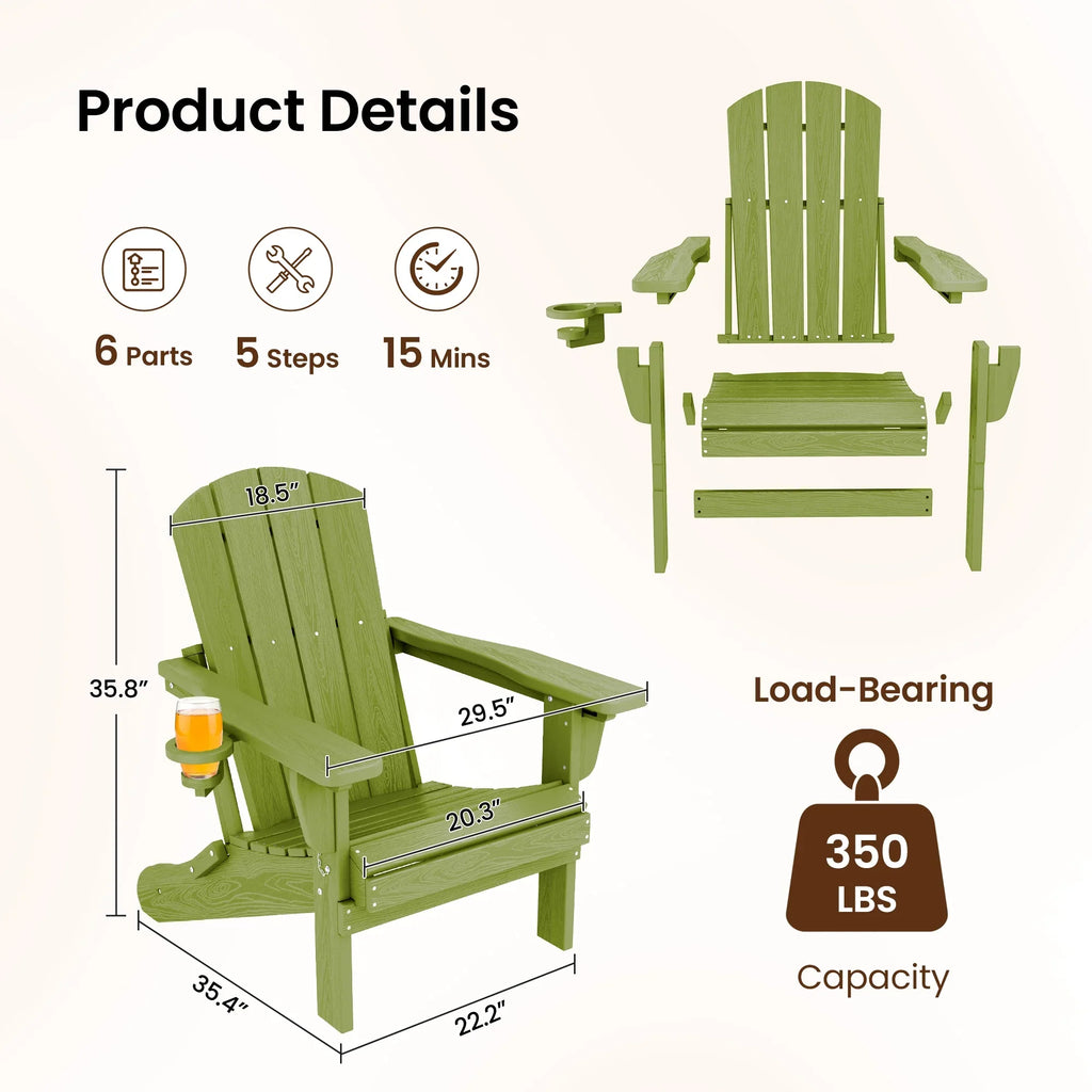 SERWALL Outdoor Adjustable Folding HDPE Adirondack Chairs Set of 2 with Cup Holder, Gray