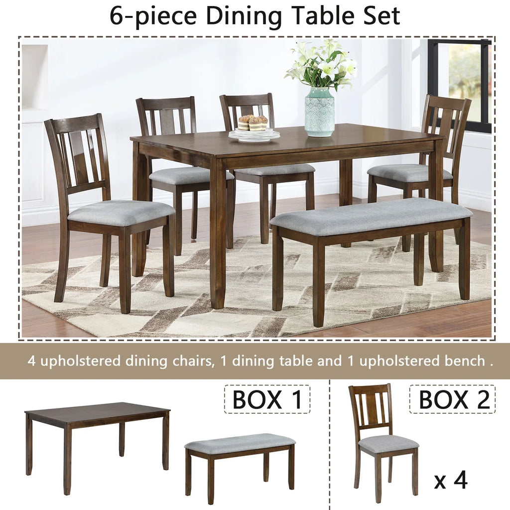 Dining Room Set, LEGAHOME 6 Piece Dining Sets with Bench and Chairs, Solid Wood Kitchen Dining Table Set for 6 with Upholstered Chairs, Gray