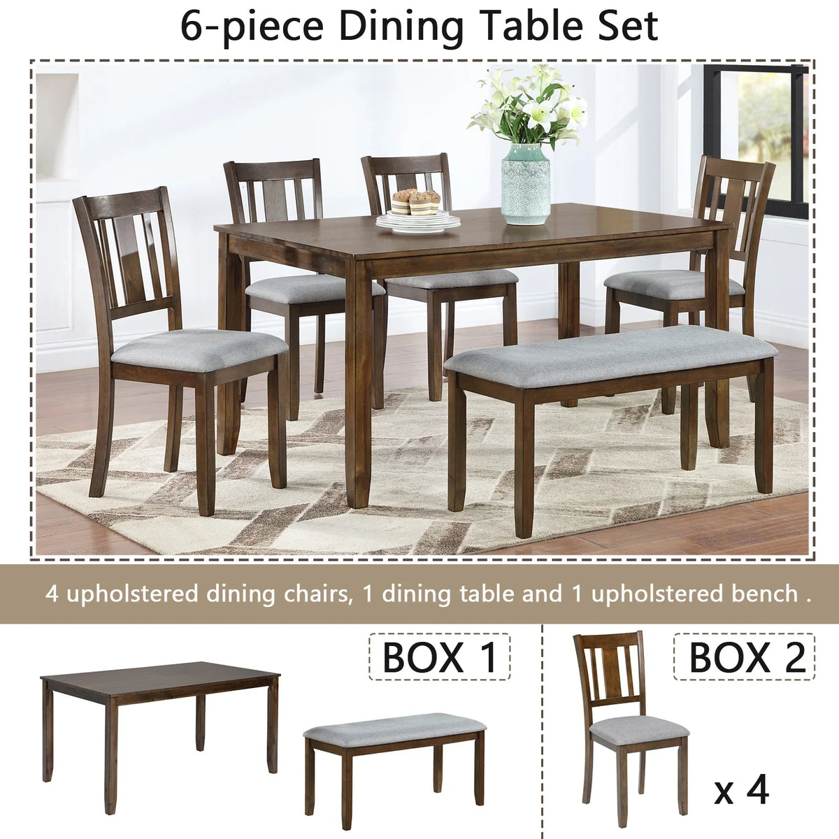 Dining Room Set, LEGAHOME 6 Piece Dining Sets with Bench and Chairs, Solid Wood Kitchen Dining Table Set for 6 with Upholstered Chairs, Gray