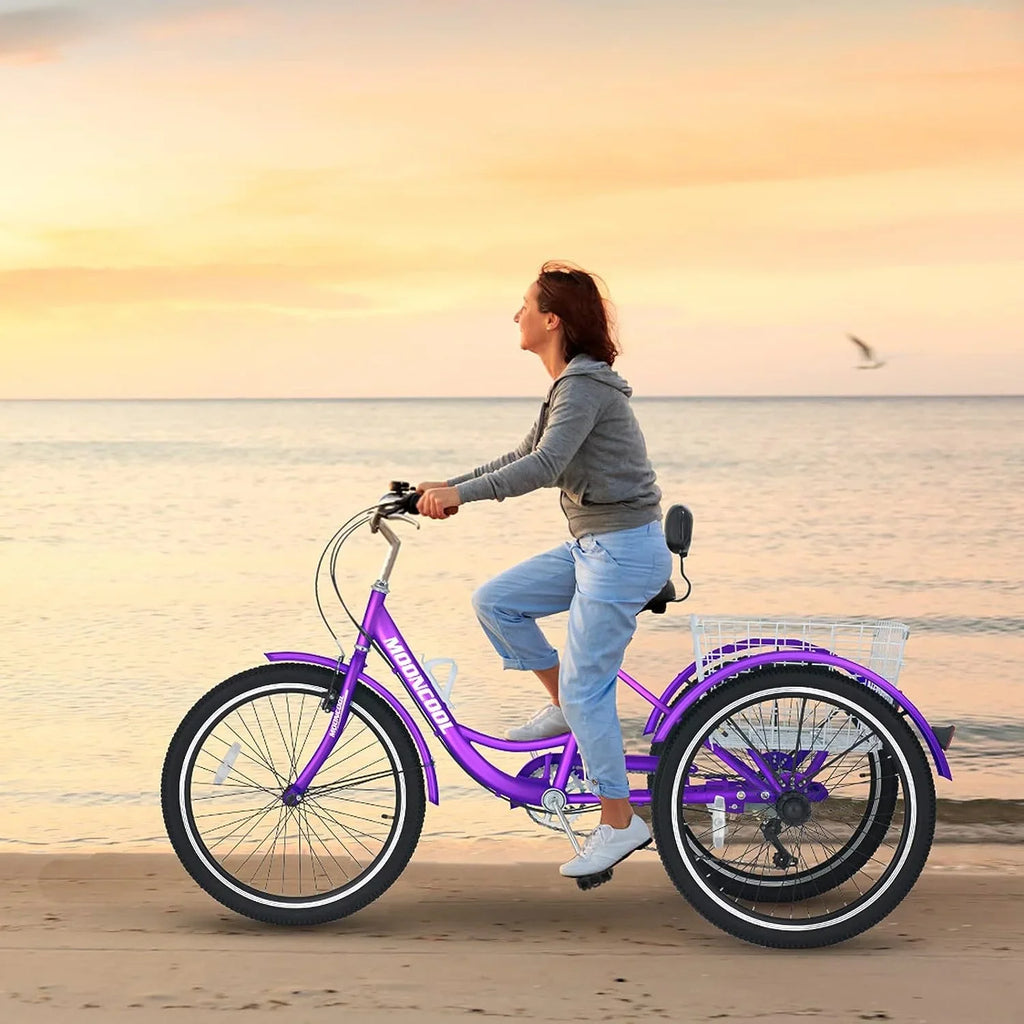 MOONCOOL Adult Tricycles with Rear Basket & Inflator, 24 26 inch 7 Speed 3 Wheel Bikes, Three-Wheeled Bicycles Adult Trike with Backrest for Seniors, Women, Men