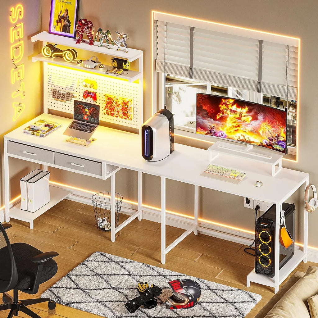 SEDETA White L Shaped Gaming Desk with LED Lights and Drawers, Gaming Desk with Hutch & Pegboard, Computer Desk with Monitor Stand, Storage Shelves, Home Office Desk Corner Desk, Gaming Table