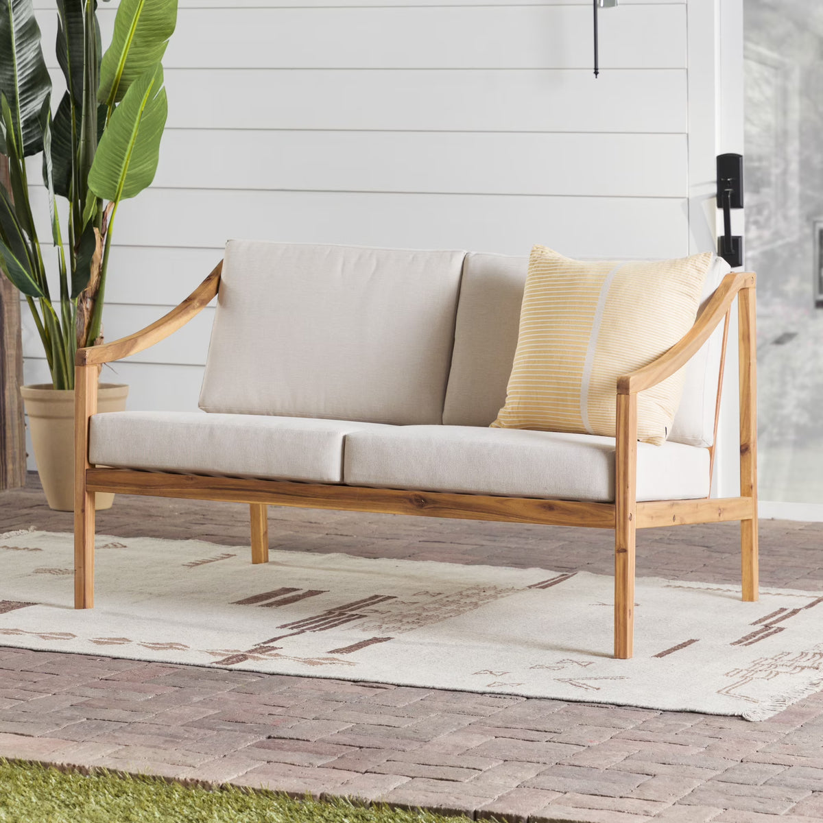 Walker Edison Modern Solid Wood Curved-Arm Outdoor Loveseat, Black
