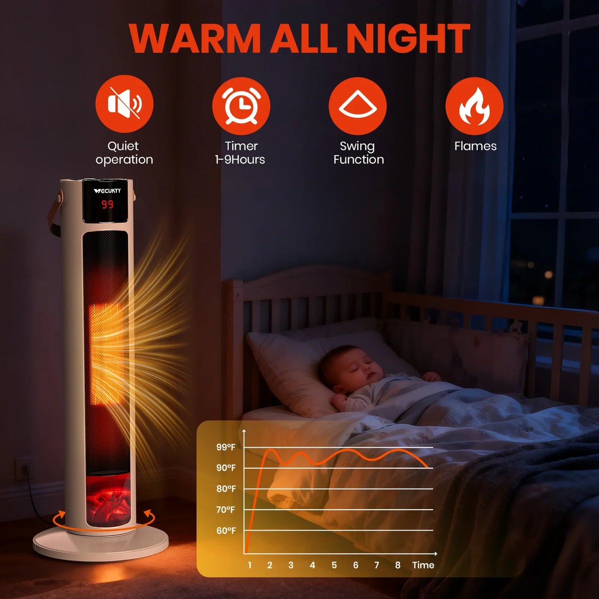 VECUKTY 26" Tower Space Heater with 3D Flame, 1500W Portable Electric Tower Electric Heater, 60 °Oscillation, 9H Timer,Remote Control for Indoor Bedroom Office Home