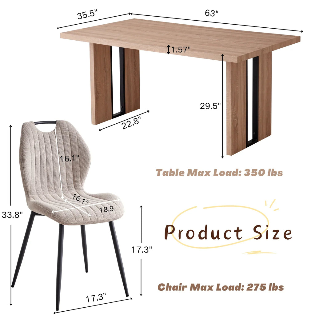 5pcs Rectangle Dining Table Chairs Set for 4, 63" Farmhouse Wood Kitchen Table with 4 Upholstered Mid Century Modern Boucle Chairs for Dinner, Living Dining Room, Apartment, Beige