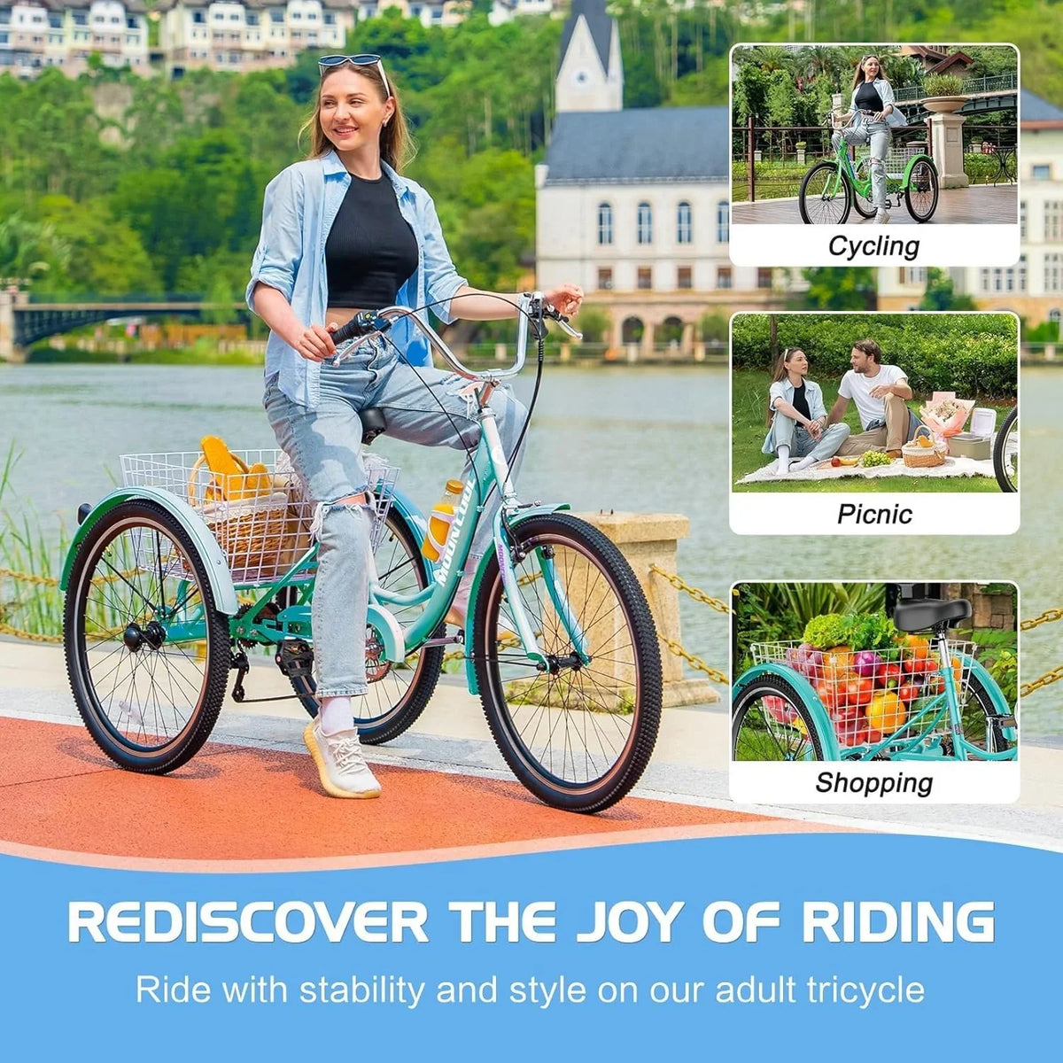 MOONCOOL Adult Tricycles with Rear Basket & Inflator, 24 26 inch 7 Speed 3 Wheel Bikes, Three-Wheeled Bicycles Adult Trike with Backrest for Seniors, Women, Men