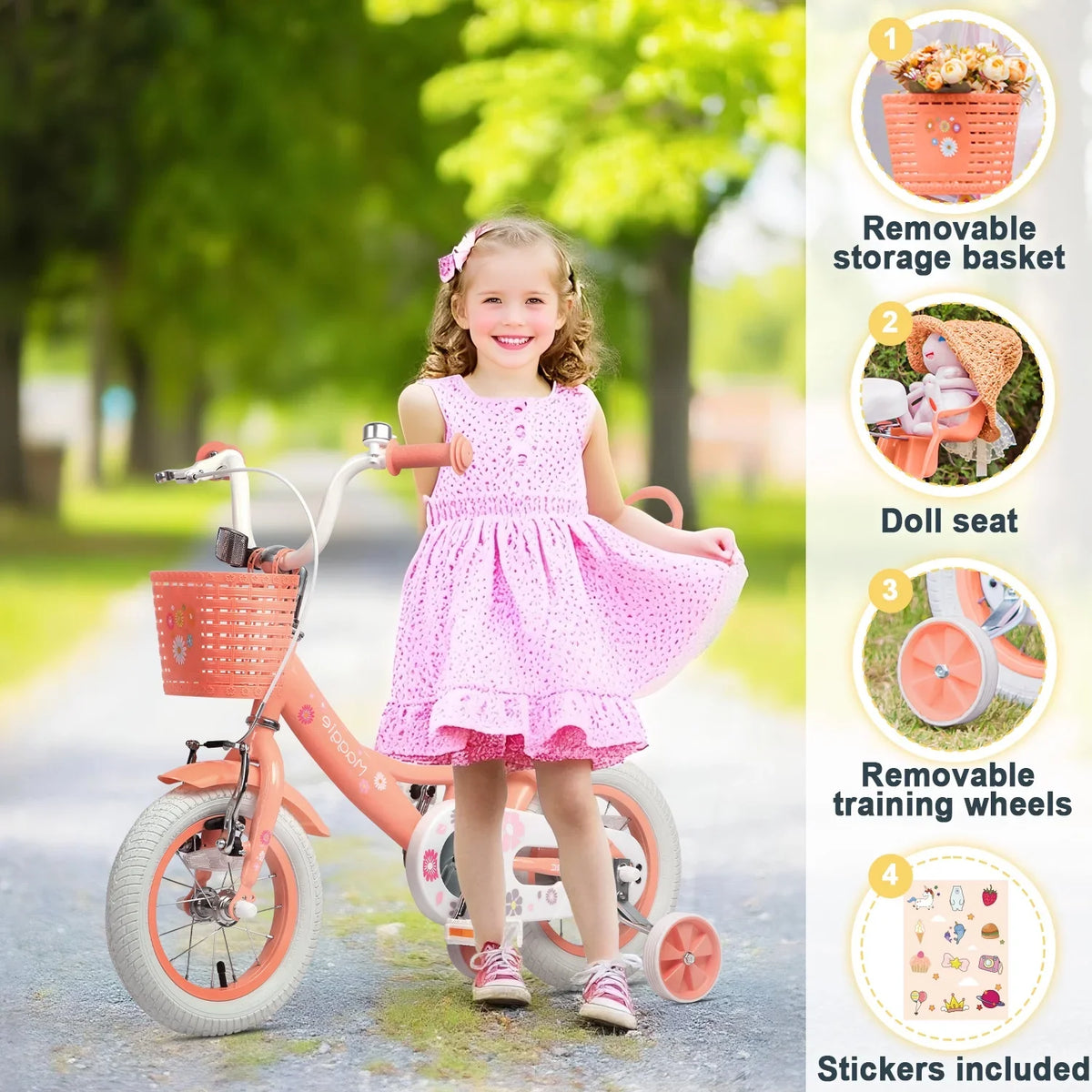 Glerc Maggie 12 inch Kids Girls Bike for Ages 2-4 Years Child, Peach