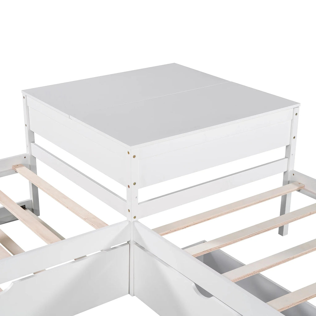 Euroco Wood Twin Size L-Shaped Platform Bed with Square Storage Table for Kids Teens, 2 Platform Beds with Trundle and Drawers for Living Room, 3 Twin Beds, Gray