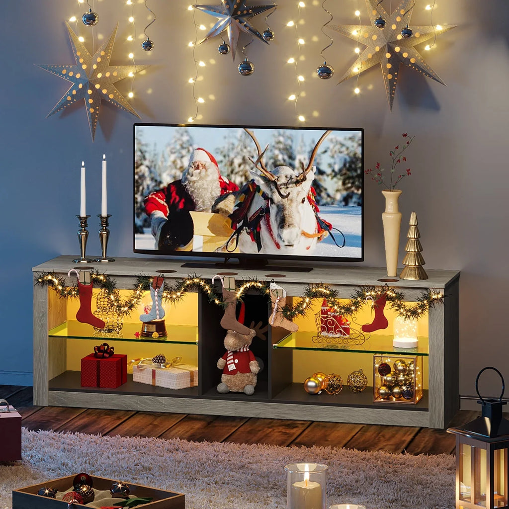 Bestier Entertainment Center with LED Lights TV Stand Media Console Table for TVs up to 60" in Light Grey