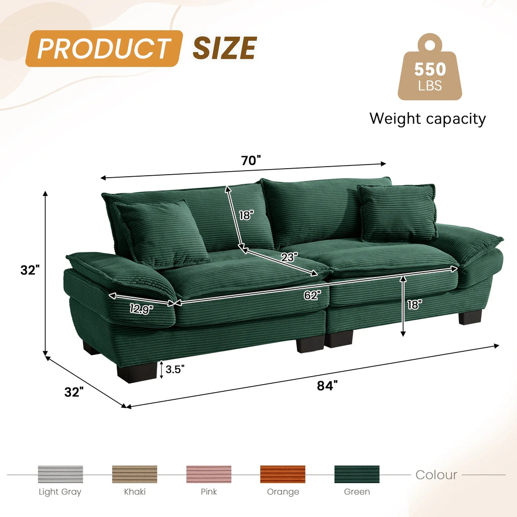 Dinosisco 84"L Deep Seat Sofa, Corduroy Upholstered Sleeper Couch for Living Room, Pink