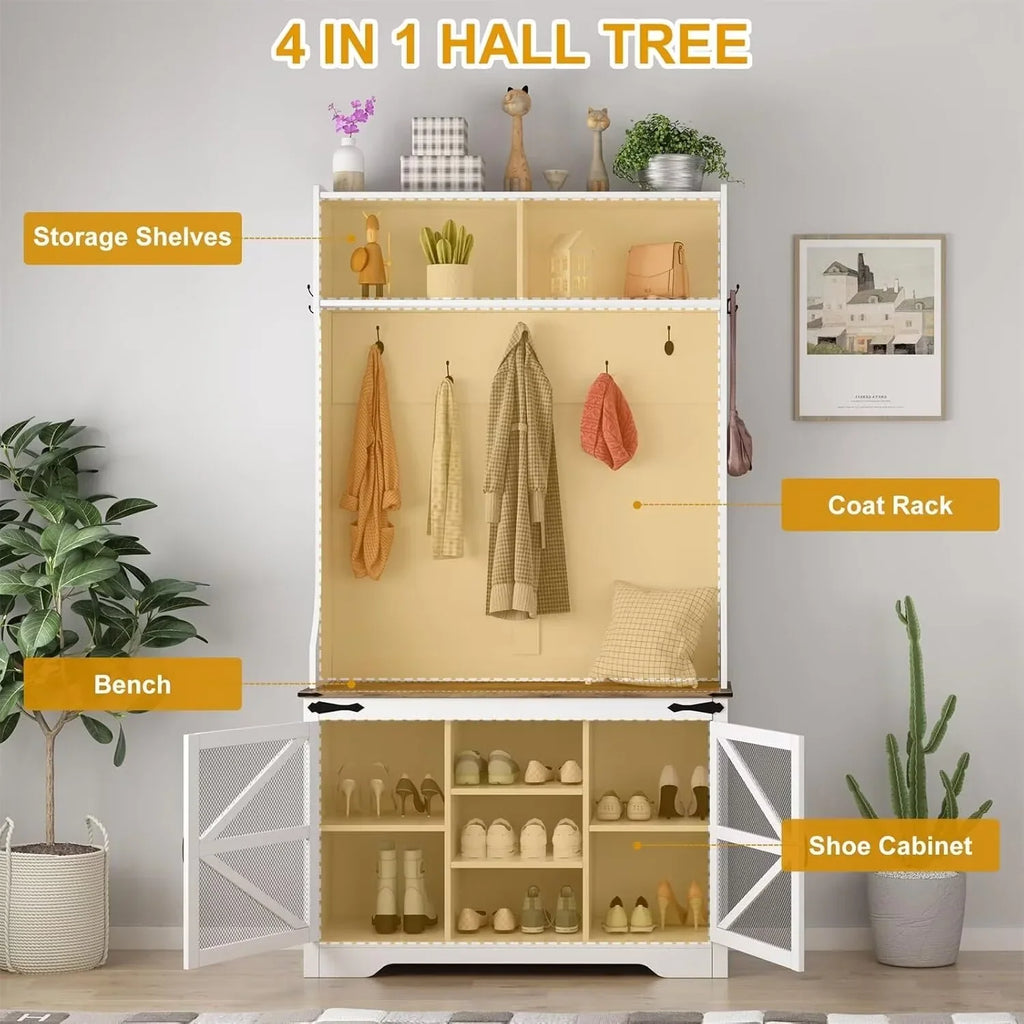 GOGRANT Farmhouse Entryway Bench with Coat Rack, 7 Shoe Cubbies & 7 Coat Hooks Hall Tree with Shoe Storage Bench, Top Sorage, 4-in-1 Mudroom Storage Cabinet, white