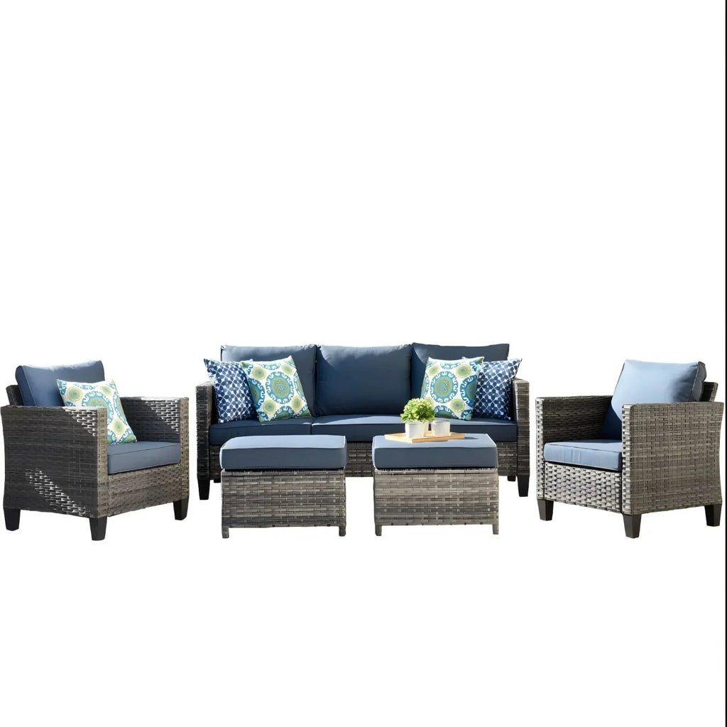 Ovios 5 Pieces Outdoor Patio Furniture Set Wicker Rattan Outdoor Conversation Comfortable Sectional Sofa with Steel Frame, Grey