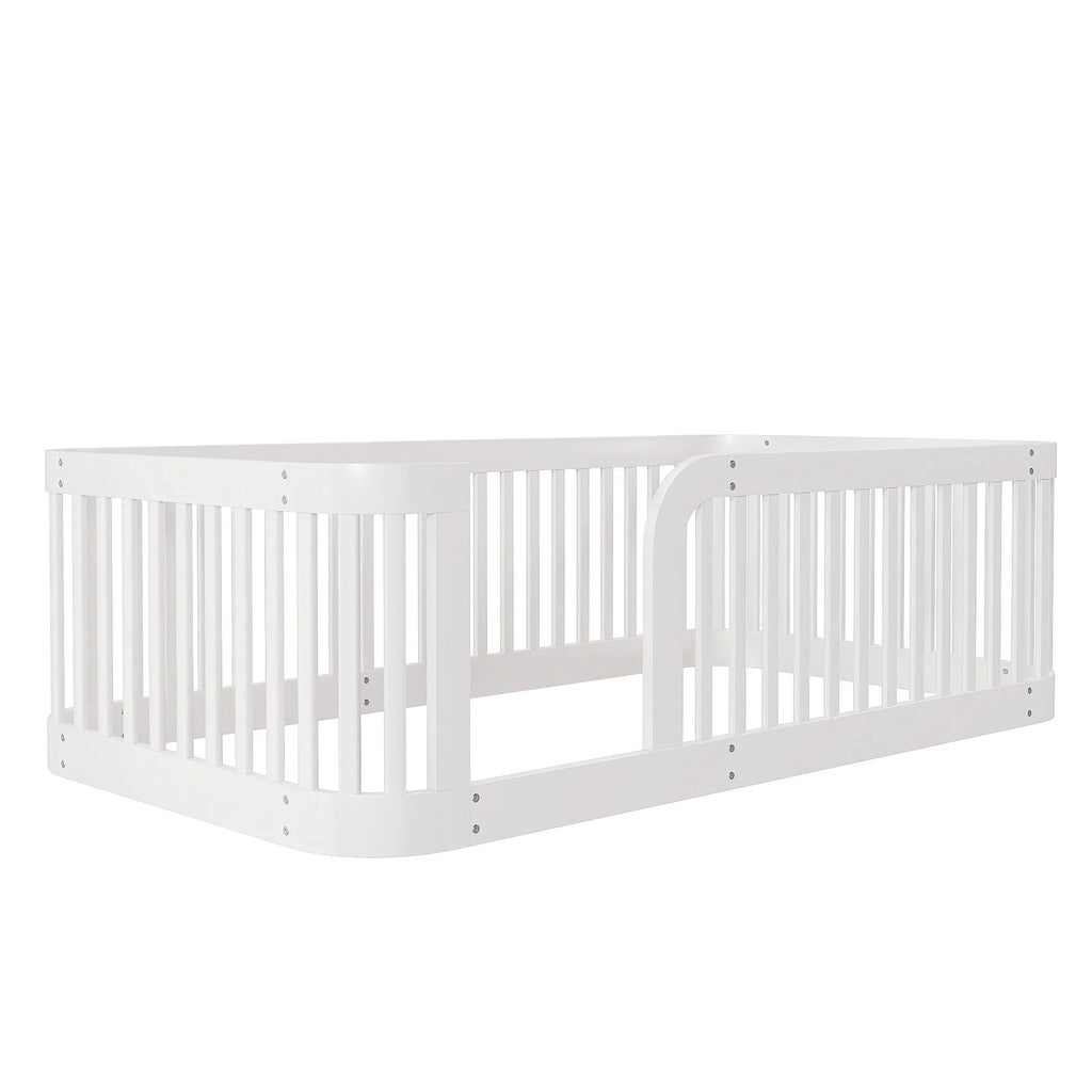 Euroco Twin Size Floor Bed with Fence for Kids Teens and Toddlers, White