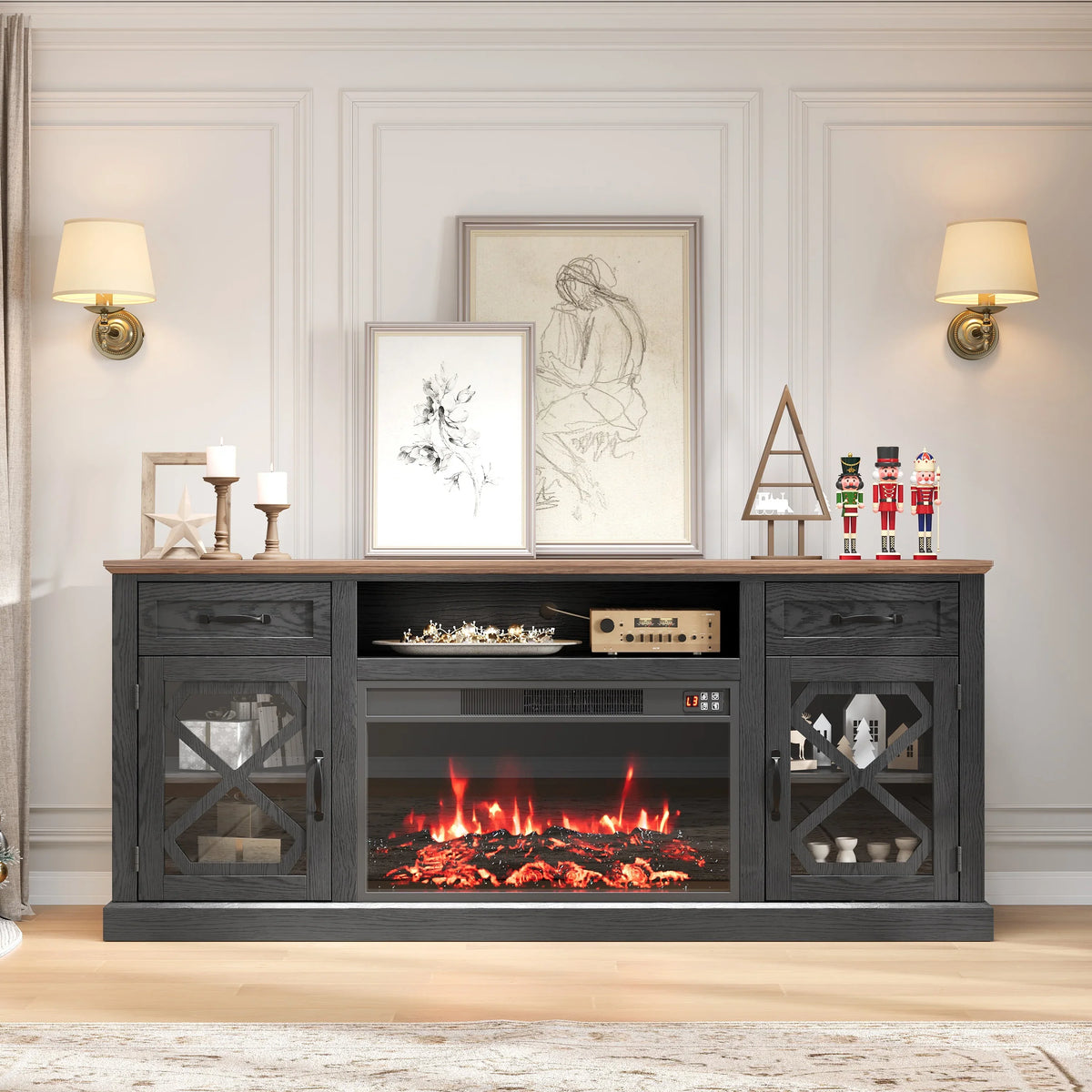 PAPROOS Fireplace TV Stand for 65 Inch TV, Modern Farmhouse TV Cabinet with 23'' Electric Fireplace, Entertainment Center Television Console Table for Living Room, Black+Brown