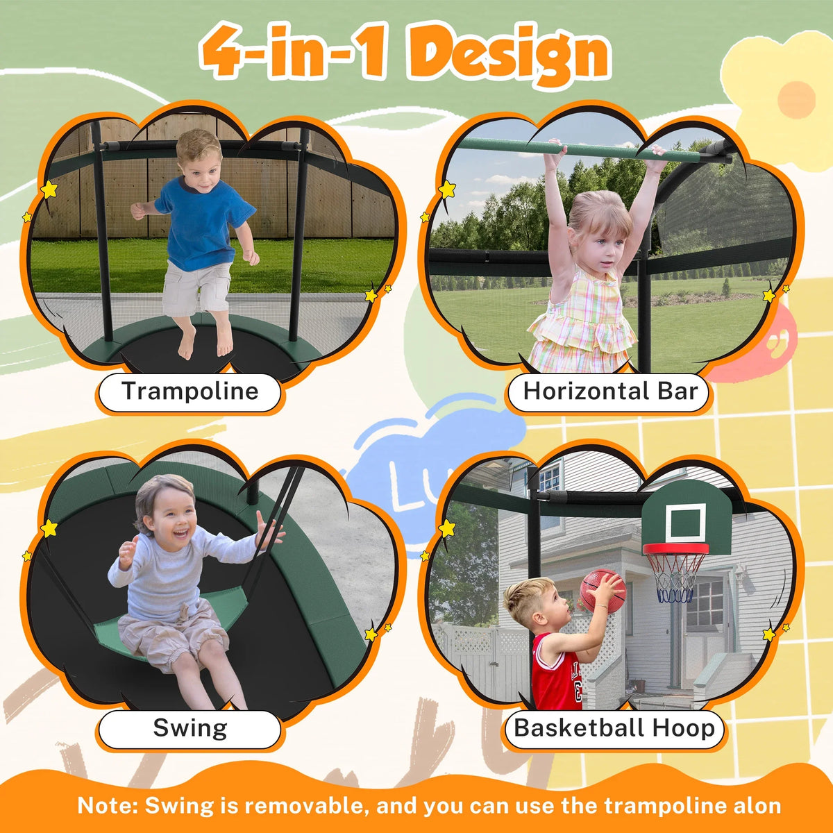 SHINPT 4x6FT Toddler Trampoline for Kids, Kids Indoor Trampoline with 771LBS Load-Bearing Capacity, Mini Trampoline Indoor & Outdoor, Small Trampoline with 4 Accessories & Adjustable Gymnastics Bar