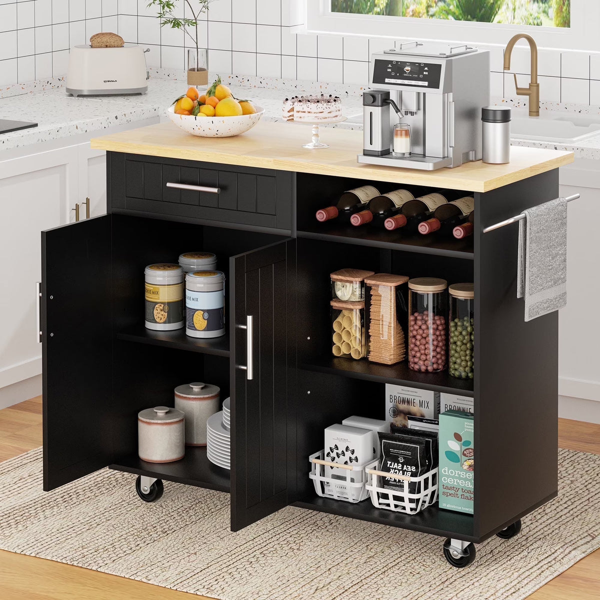 Walsunny Kitchen Island Table Stand with Storage on Wheels,Rolling Kitchen Cart Storage Cabinet with Drawer,White