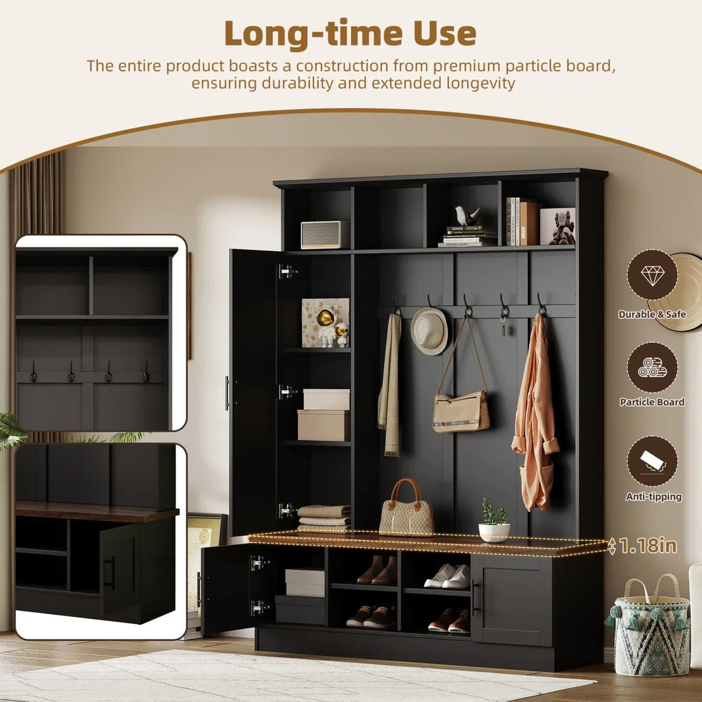 Hall Tree with Bench and Shoe Storage, 3-in-1 Hall Tree with Coat Rack, Adjustable Shoe Storage, 6 Hooks, 3 Cabinets, 4 Open Compartments, for Hallway, Entryway, Bedroom, Black
